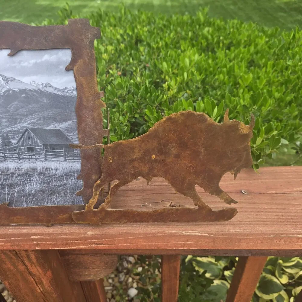 Rare Rijline Metal Art Montana Buffalo Picture Frame Signed Western Lodge Decor